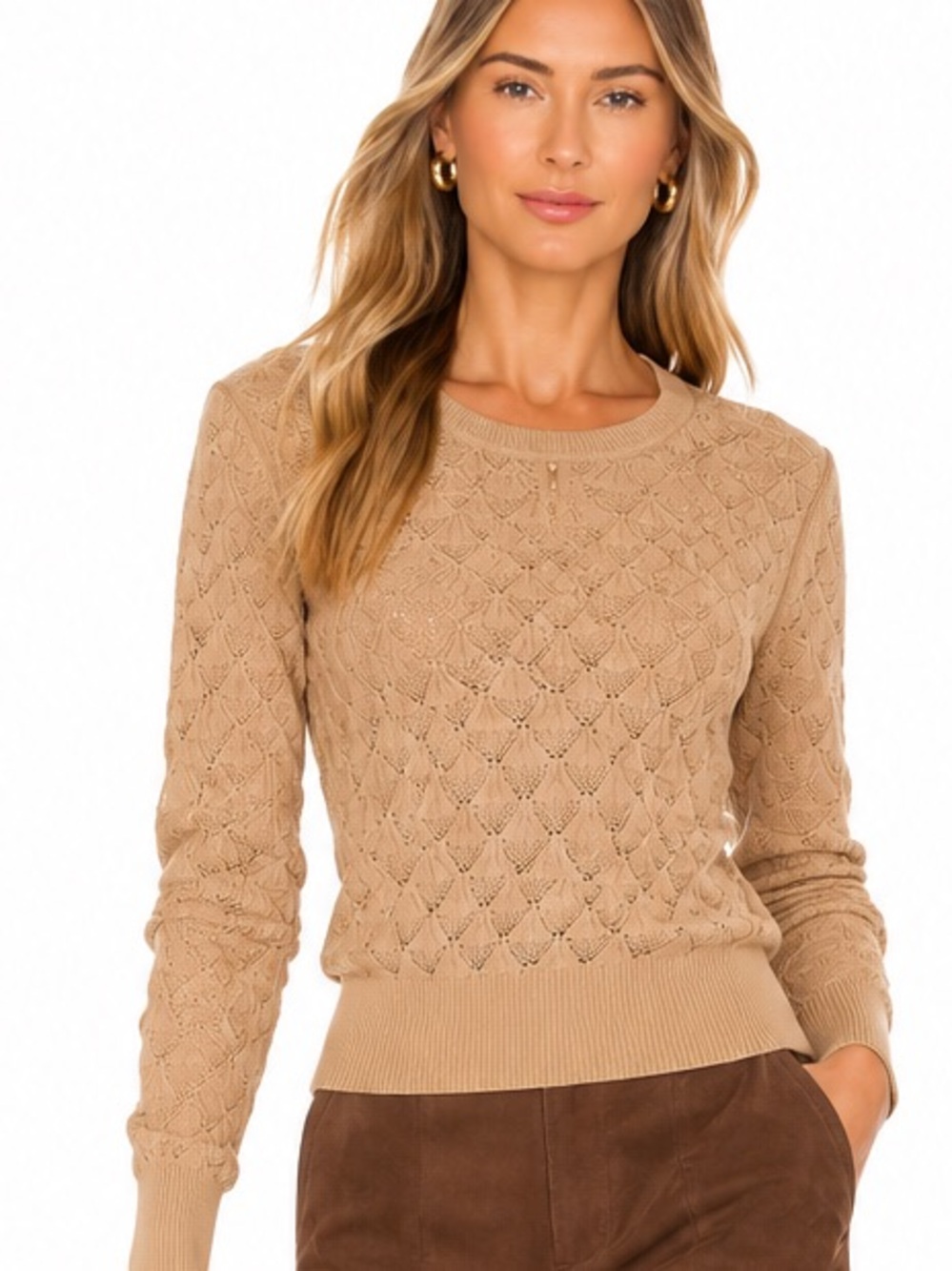 Club Monaco Pointelle Open Knit Sweater Beige Tan Long Sleeve Size M